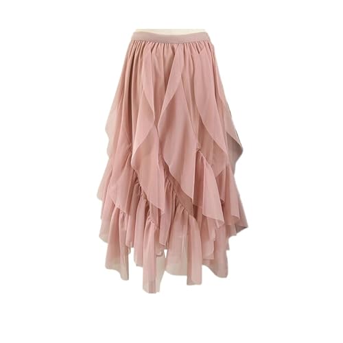DKJAHSEK Damen Faltenrock Tüllrock Asymmetrisch Unregelmäßiger, gerüschter Tüllrock for den Frühling mit hoher Taille und mittlerer Länge aus drapiertem Netzstoff for Damen Karneval Party Rock(Pink) von DKJAHSEK