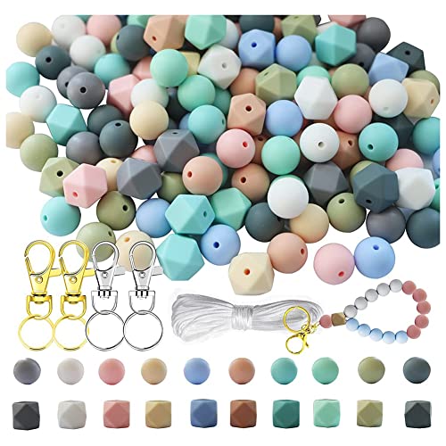DKSooozs Silikonperlen, 150 StüCk Silikonperlen, Runde Perlen für die Schmuckherstellung, GroßE Perlen mit UmhäNgeband Und SchlüSselanhäNger von DKSooozs