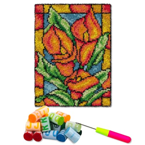 DIY Knüpfhaken-Set Stramin Blumen Überwurf Teppich Stickerei Abdeckung Teppich Muster Farbe bedruckte Leinwand 52 x 38 cm, Handarbeit Zubehör Häkeln für Kinder und Erwachsene von DL-YTG