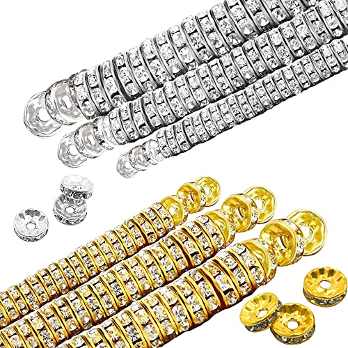 1000 Stück Runde Strass Kristall Zwischenperlen Lose Perlen 6mm 8mm 10mm Zwischenperlen für DIY Armband Halskette Schmuckherstellung (Gold, Silber) von DLAND