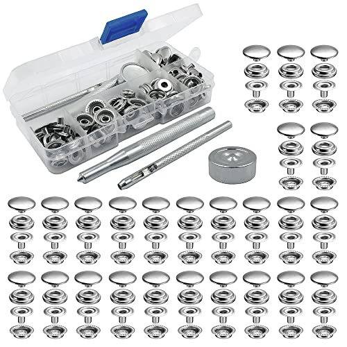 DLAND 25 Sets 15mm Metall Druckknöpfe Leder Schnappverschluss Kit Kleidung Snaps Tastemit 3 Befestigungswerkzeugen und Aufbewahrungsbox (silber) von DLAND