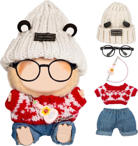 5-teiliges Puppenkleidungsset for Labubu – Kawaii Chic Style für 17cm Puppen mit Zubehör – Graue Bärenohren-Mütze + Roter Pullover + Blaue Jeans + Brille + Mini-Gitarre (Style) von DLAYLQZG