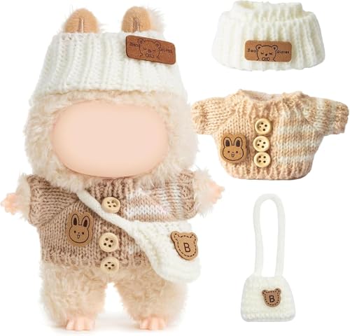Handgefertigtes Häkel-Set 3-teilig for Labubu Puppen Chic Outfit mit Hasen-Pullover, Mütze & Tasche - Süße Kleidung für 17cm Puppen (Ohne Puppe) (Style 1) von DLAYLQZG