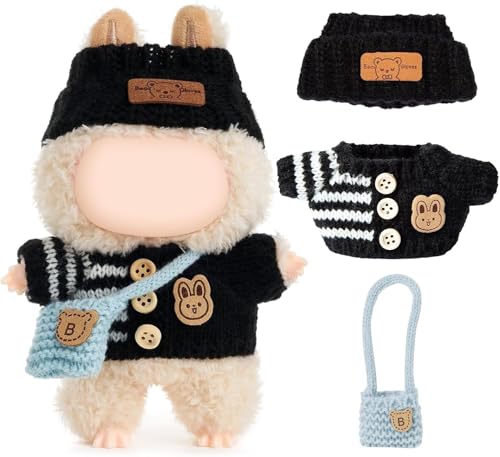 Handgefertigtes Häkel-Set 3-teilig for Labubu Puppen Chic Outfit mit Hasen-Pullover, Mütze & Tasche - Süße Kleidung für 17cm Puppen (Ohne Puppe) (Style 2) von DLAYLQZG