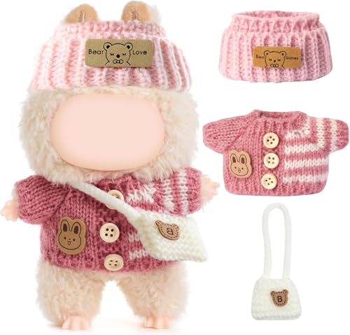 Handgefertigtes Häkel-Set 3-teilig for Labubu Puppen Chic Outfit mit Hasen-Pullover, Mütze & Tasche - Süße Kleidung für 17cm Puppen (Ohne Puppe) (Style 4) von DLAYLQZG