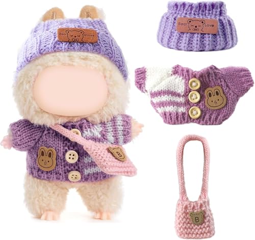 Handgefertigtes Häkel-Set 3-teilig for Labubu Puppen Chic Outfit mit Hasen-Pullover, Mütze & Tasche - Süße Kleidung für 17cm Puppen (Ohne Puppe) (Style 5) von DLAYLQZG
