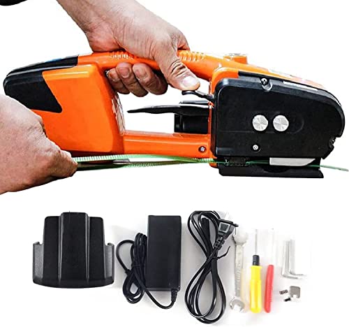 DLAZUM Automatische Umreifungsmaschine, tragbare elektrische Ballenpresse, elektrisches Handumreifungswerkzeug für Bänder, 3000 mAh Akkubetrieben für Kartonpaletten, Orange (2 Batterien) von DLAZUM