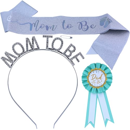 Werdende Mama Party Ornament Set, Mummy to Be Schärpe, Mummy to Be Haarband Krone, Vater-zu-Sein Pin Abzeichen, Neue Baby-Dusche Partygeschenke (Silber) von DLBTWDOYLS