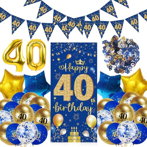 40 Geburtstag Deko für Frauen Mann, DLLUN 40 Geburtstagdeko Folienballons Luftballons, Konfetti Tischdeko Deko 40. Geburtstag Frauen, 40th Happy Birthday Banner Party Deko-Blau-Gold von DLLUN