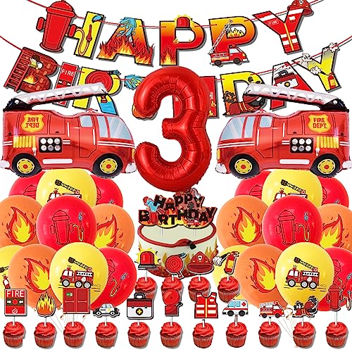 DLLUN Feuerwehr Kindergeburtstag Luftballons Deko, Feuerwehrauto Geburtstagsdeko Junge Geburtstag Folienballon Luftballon, Happy Birthday Banner Kindergeburtstag Dekoration von DLLUN