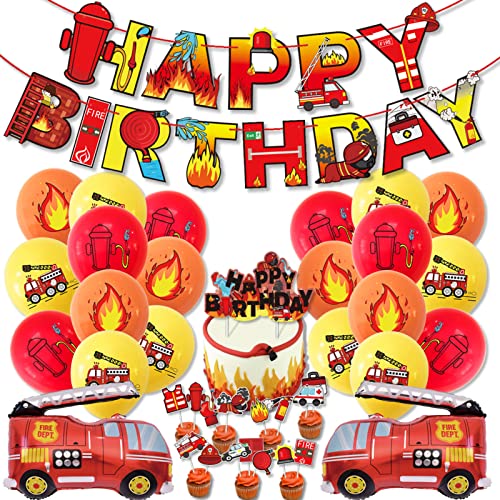Kindergeburtstag Feuerwehrauto Deko, DLLUN Feuerwehr Geburtstagsdeko Junge Geburtstag Luftballon, Feuerwehrauto Folienballon Luftballon, Happy Birthday Banner Kindergeburtstag Dekoration von DLLUN