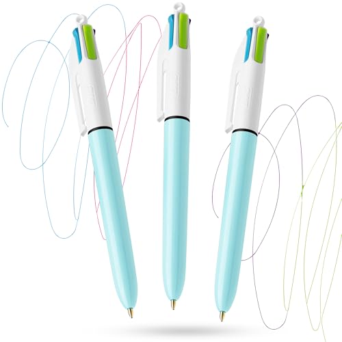BIC 4 Farben Fun Pen Kunststoff Barrel 1,0 mm Multi Pen Vier Tintenfarben in einem, glattes Schreiben, Multi-Stifte 10,2 cm einem Stift mit Clip und Lanyard-Loch, für Studenten und Profis (3 Stück) von DLM Direct