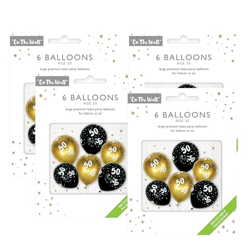 On The Wall Age 50 Schwarz und Gold Luftballons 12 Zoll Latex 6 Helium oder Luftfüllballon für Meilenstein Geburtstag Party Dekorationen (Schwarz und Gold, 4 Stück (24 Ballons)) von DLM Direct