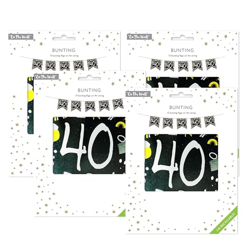 On The Wall Happy 40th Birthday Schwarz und Weiß Wimpelkette 4 Meter mit 10 Flaggen Recycelbar Karte Banner für Wand Tisch Indoor Outdoor Feier (4 Stück) von DLM Direct