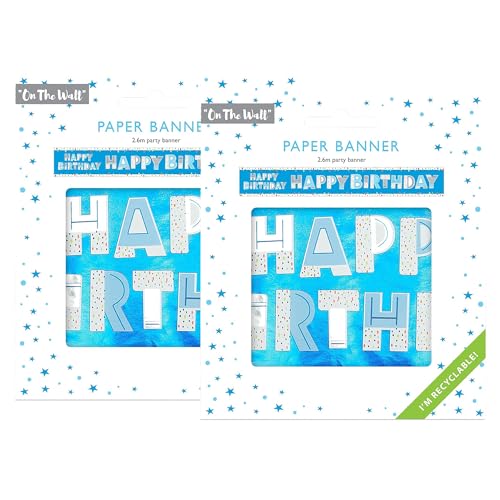 On The Wall Happy Birthday blaues recycelbares Papierbanner 260 cm, moderner Druck, leichtes Hängeschild für Partytisch, Wand, Tür, 2 Stück On The Wall Happy Birthday blaues recycelbares Papierbanner 260 cm, moderner Druck, leichtes Hängeschild für Partytisch, Wand, Tür, 2 Stück von DLM Direct