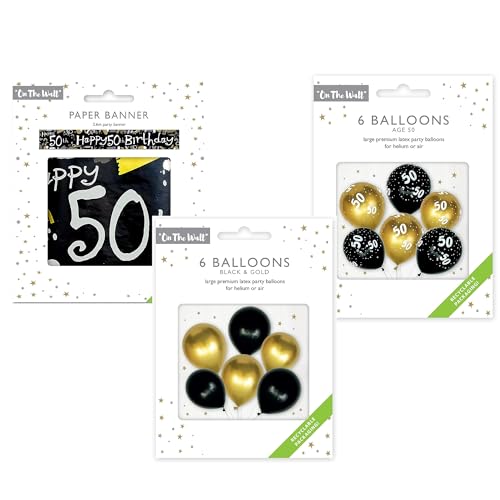 Schwarz & Gold Party Luftballons und Banner Dekoration Set mit 12 Zoll Latex Ballons 50 Geburtstag und 2,6 Meter Schwarz und Weiß Papierbanner für Feiern Weihnachten und Neujahr Schwarz & Gold Party Luftballons und Banner Dekoration Set mit 12 Zoll Latex Ballons 50 Geburtstag und 2,6 Meter Schwarz und Weiß Papierbanner für Feiern Weihnachten und Neujahr von DLM Direct