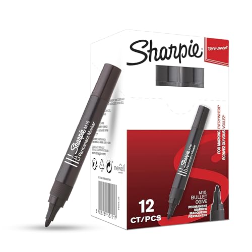 Sharpie M15 Permanentmarker, Kunststoffschaft, 2 mm Rundspitze, 12 Stück, wasserfeste Tinte, schwarz, Markierstift, ideal für Metall, Glas, Holz, zum Kritzeln, Färben, Markieren und Beschriften von DLM Direct