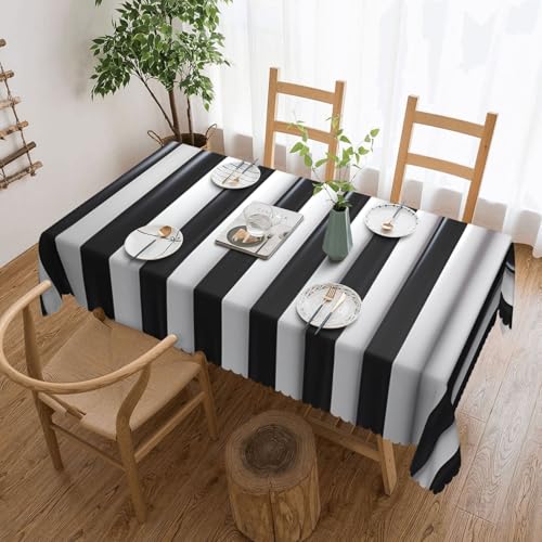 DLXW Hochwertige, schmutzabweisende Tischdecke für Picknicks im Freien, gezackte Polyester-Tischdecke, schwarz-weiß gestreift von DLXW