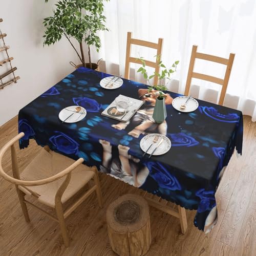 DLXW Hochwertige, schmutzabweisende Tischdecke mit blauen Rosen für Picknicks im Freien, gezackte Polyester-Tischdecke von DLXW