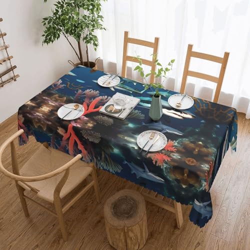 DLXW Premium Tischdecke, schmutzabweisend, Haie unter dem Meer, für Picknicks im Freien, gezackte Polyester-Tischdecke von DLXW