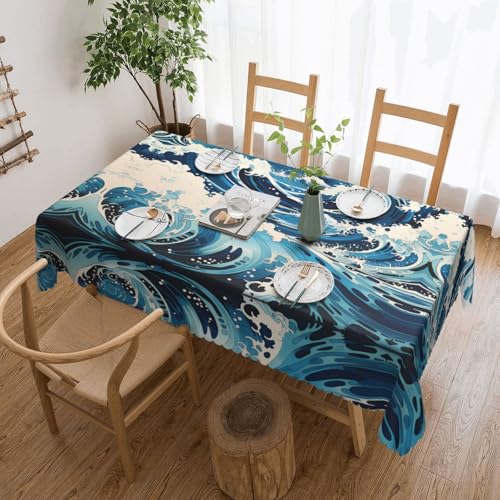 DLXW Premium schmutzabweisende Tischdecke im Ukiyo-e-Stil mit Wellen, für Picknicks im Freien, gezackte Polyester-Tischdecke von DLXW