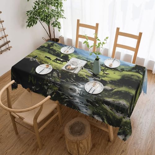 DLXW Premium schmutzabweisende Tischdecke mit Alpenbauernhofkühe für Picknicks im Freien, gezackte Polyester-Tischdecke von DLXW