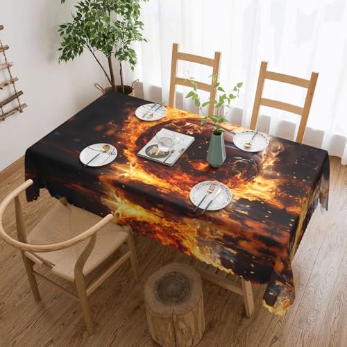 DLXW Premium schmutzabweisende Tischdecke mit Basketball auf Feuer und Wasserflamme für Picknicks im Freien, gezackte Polyester-Tischdecke von DLXW