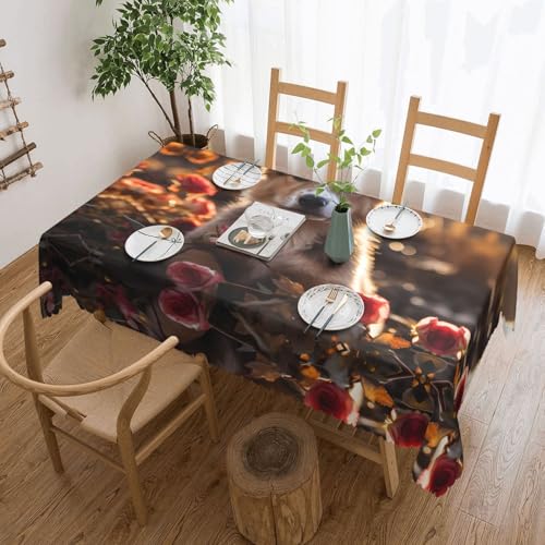DLXW Premium schmutzabweisende Tischdecke mit Hunde- und Rosenmotiv, für Picknicks im Freien, gezackte Polyester-Tischdecke von DLXW