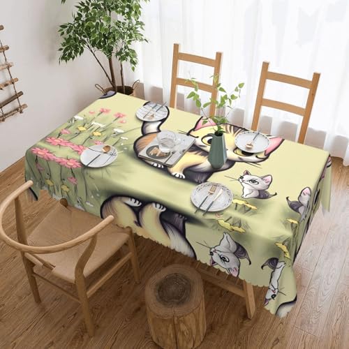 DLXW Premium schmutzabweisende Tischdecke mit Katze und Schmetterlingen für Picknicks im Freien, gezackte Polyester-Tischdecke von DLXW