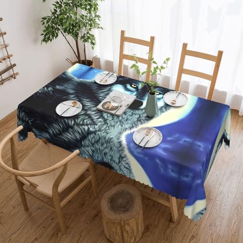 DLXW Premium schmutzabweisende Tischdecke mit Wolf-Motiv unter dem Mond, für Picknicks im Freien, gezackte Polyester-Tischdecke von DLXW