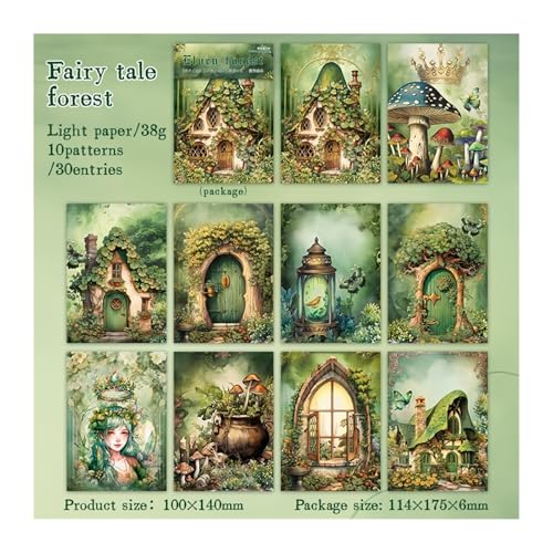 DLZFUDTY Sticker,Aufkleber 30 Stück Vintage Elfenwald Material Papier Dekoratives Tagebuch Album Scrapbooking Material Hintergrundpapier Junk Journal Supplies(Green) von DLZFUDTY