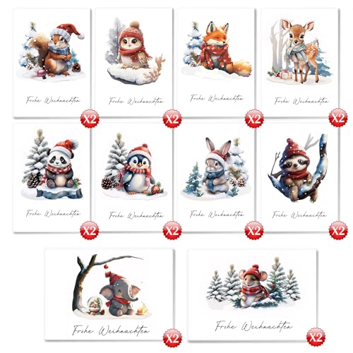 DMHSGIFT Weihnachtskarten mit Umschlag Set 20 Stück mit 10 Designs Waldtiere Weihnachtskarte A6 Klappkarten frohe Weihnachten Christmas Cards für die Familie, Freunde von DMHSGIFT