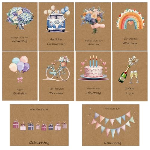 Geburtstagskarten 10er-Set mit Umschlag - Glückwunsch Klappkarten - Geschenkkarte Geburtstag - Glückwunschkarte für Männer und Frauen von DMHSGIFT