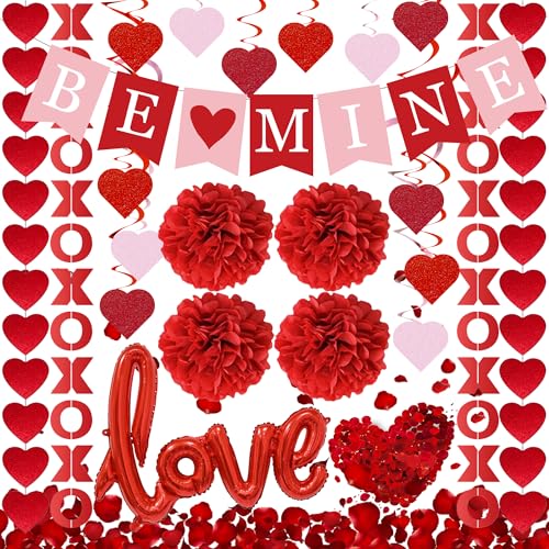 DIMIGHT Rot Valentinstag Dekoration Set, BE MINE Banner, Love Heart XO Girlanden, Rosenblätter, hängende Wirbel, Folien-Liebesballons für Party, Zuhause, Klassenzimmer, Hochzeit, Schlafzimmer, Büro DIMIGHT Rot Valentinstag Dekoration Set, BE MINE Banner, Love Heart XO Girlanden, Rosenblätter, hängende Wirbel, Folien-Liebesballons für Party, Zuhause, Klassenzimmer, Hochzeit, Schlafzimmer, Büro von DMIGHT