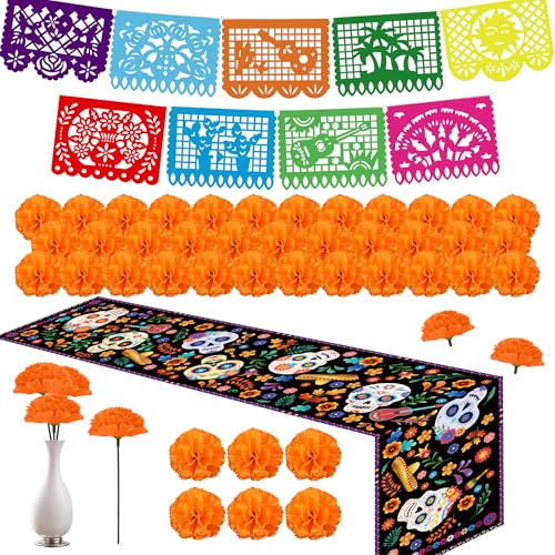 Dia De Los Muertos Dekorationen, Ofrenda Dekorationen für Altar, 2 Stück Papel Picado, Leinen Mexikanischer Tischläufer, 50 Stück Ringelblumen-Girlande für Tag der Toten Dia De Los Muertos Dekorationen, Ofrenda Dekorationen für Altar, 2 Stück Papel Picado, Leinen Mexikanischer Tischläufer, 50 Stück Ringelblumen-Girlande für Tag der Toten von DMIGHT