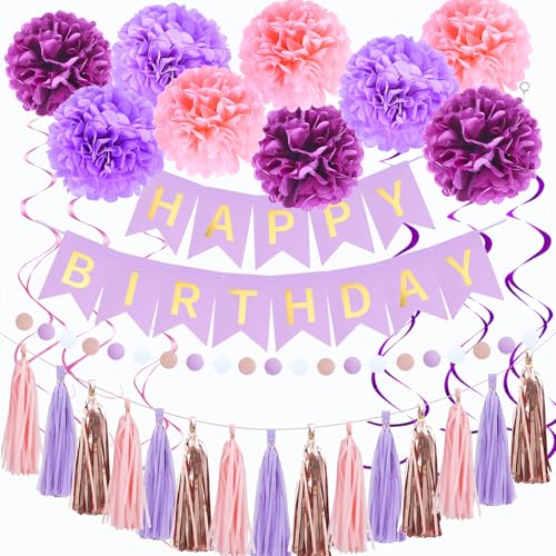 Violett Rosa Party Deko Geburtstag Set, Party Geburtstagsdeko Set mit Happy Birthday Girlande, Pompons Deko, Quastengirlande, Polka Dot Girlanden und Luftschlangen Violett Rosa Party Deko Geburtstag Set, Party Geburtstagsdeko Set mit Happy Birthday Girlande, Pompons Deko, Quastengirlande, Polka Dot Girlanden und Luftschlangen von DMSESRLS
