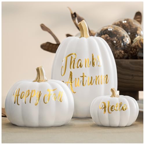 DN DECONATION Deko Kürbis Herbst 3er Set – Weiß Kürbisse mit Goldenen Schriftzügen & Stielen aus Kunstharz – Herbstdeko Kürbis für Tischdeko, Halloween & Erntedank Dekoration von DN DECONATION