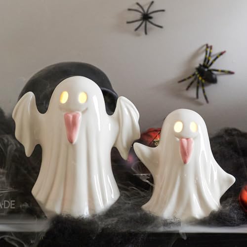 DN DECONATION Geister Deko Halloween 2er Set, Süß Geister Statues Rosa und Weiße, Keramik Geister Figur mit Led Licht, Nachtlicht Halloween Dekoration Party Zimmer Tischdeko von DN DECONATION