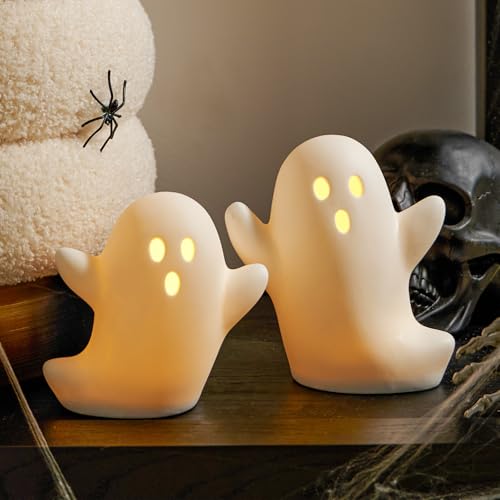 DN DECONATION Halloween Deko Geister Figuren 2 Set, Keramik Geist mit LED Licht Dekoration Weiß, Süß Geist Figur Schwimmend Gespenster Tischdeko Partydeko von DN DECONATION