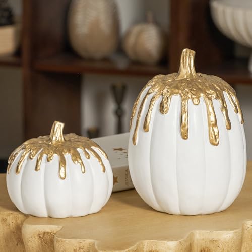 DN DECONATION Herbst Kürbis Dekorationen 2er Set, Weiß Kürbisse mit Goldenen Tropfen Design Tischdekoration, Kunstharz-Kürbisse für Thanksgiving, Halloween, Erntefest DN DECONATION Herbst Kürbis Dekorationen 2er Set, Weiß Kürbisse mit Goldenen Tropfen Design Tischdekoration, Kunstharz-Kürbisse für Thanksgiving, Halloween, Erntefest von DN DECONATION