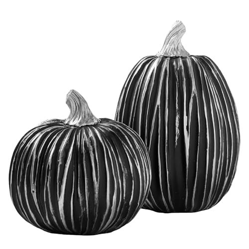 DN DECONATION Herbstdeko Kürbis Set 2er – Halloween Deko Kürbisse Schwarz mit Silber Streifen – Kürbisse Figuren aus Kunstharz Tischdeko Wohnzimmer & Eingang von DN DECONATION