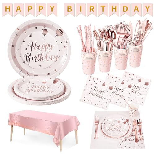 DN DENNOV 162 Stück rosa und roségoldenes Geschirrset Set mit Pappteller, Becher, Strohhalme, Messer, Gabel, Löffel, Tischdecke und Banner für Brautdusche, Verlobung, Hochzeit und Geburtstag(20 Gäste) DN DENNOV 162 Stück rosa und roségoldenes Geschirrset Set mit Pappteller, Becher, Strohhalme, Messer, Gabel, Löffel, Tischdecke und Banner für Brautdusche, Verlobung, Hochzeit und Geburtstag(20 Gäste) von DN DENNOV