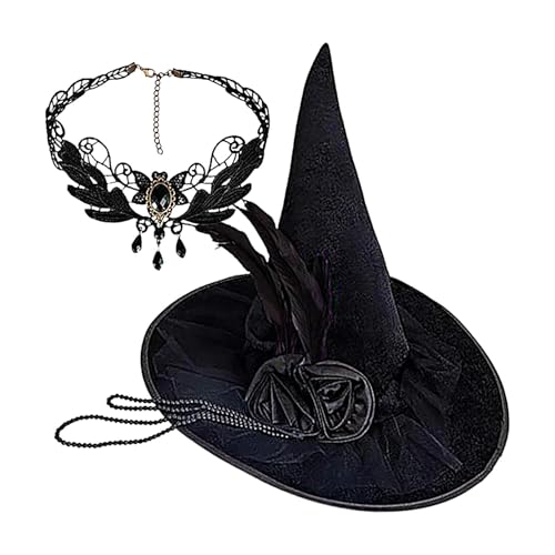 Hexenhut, 42 x 42 cm, Cosplay-Hüte, Zauberer-Kostüm, Spitzhut, spitzer Hut, Partyhüte, rosa Federn mit Halskette aus Edelsteinen für Karneval, C Hexenhut, 42 x 42 cm, Cosplay-Hüte, Zauberer-Kostüm, Spitzhut, spitzer Hut, Partyhüte, rosa Federn mit Halskette aus Edelsteinen für Karneval, C von DNCG