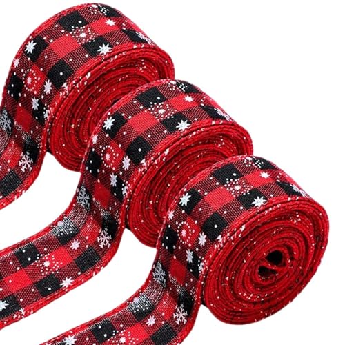 Weihnachtsband, 3 Rollen Büffelkariertes Juteband, 6,4 cm, rot und schwarz, Büffelkariert, Weihnachtsdekoration, 6,5 m breit, rotes und schwarzes Band für Baumdekoration Weihnachtsband, 3 Rollen Büffelkariertes Juteband, 6,4 cm, rot und schwarz, Büffelkariert, Weihnachtsdekoration, 6,5 m breit, rotes und schwarzes Band für Baumdekoration von DNCG