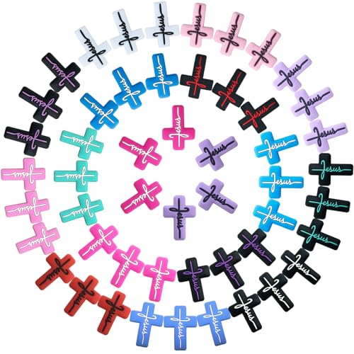 Kreuz-Fokal-Perlen aus Silikon, 51 Stück, Glaube, Jesus, flache Abstandshalter-Perlen, 17 Farben, Fokusperlen für Schmuckherstellung, Großpackung, DIY-Armbänder Kreuz-Fokal-Perlen aus Silikon, 51 Stück, Glaube, Jesus, flache Abstandshalter-Perlen, 17 Farben, Fokusperlen für Schmuckherstellung, Großpackung, DIY-Armbänder von DNCHGOYA