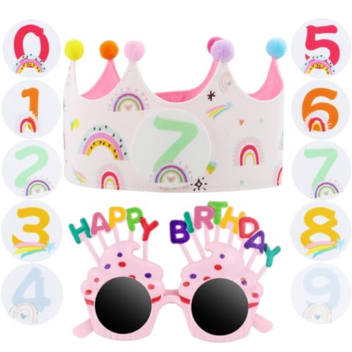 DNDGDLUA Geburtstagskrone Kinder, Stoff Kinderkrone mit Auswechselbaren Zahlen von 0-9, Jungs oder Mädchen Geburtstagskrone mit 1 Paar von Partybrillen für Geburtstagsparty Ankleiden von DNDGDLUA