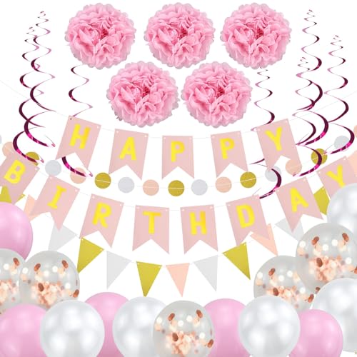 Luftballon Geburtstag Rosa, Geburtstagsdeko Mädchen Deko Happy Birthday Girlande Dekoration Rosa Ballon Seidenpapier Pompoms Rosa Folie Spirale Deko von DNDGDLUA