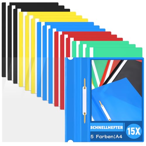 Schnellhefter DIN A4 Plastik Stabil, 15 Schnellhefter bunt, 5 Farben, mit Transparentem Vorderdeckel, Flexibler Softcover-Ordner, Für Schule & Job, Haushalt Schnellhefter DIN A4 Plastik Stabil, 15 Schnellhefter bunt, 5 Farben, mit Transparentem Vorderdeckel, Flexibler Softcover-Ordner, Für Schule & Job, Haushalt von DNGH