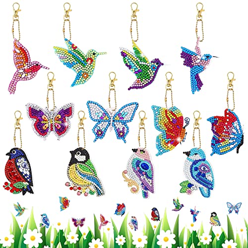 Diamond Painting Anhänger 12 Stk 5D Diy Diamond Painting Schlüsselanhänger Kinder Malerei Stickerei Diamant Painting Anhänger Frauen Mädchen Handtasche Schlüssel Craft Kits 4 Schmetterling und 8 Vögel von DNWFZ