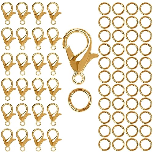 50 Stück verschlüsse für armbänder,kettenverschluss, mit 100 Biegeringe,perlen verschlüsse, karabiner schlüsselanhänger,kleine karabinerhaken,für DIY,rucksack,schlüssel(Gold) von DOANTE